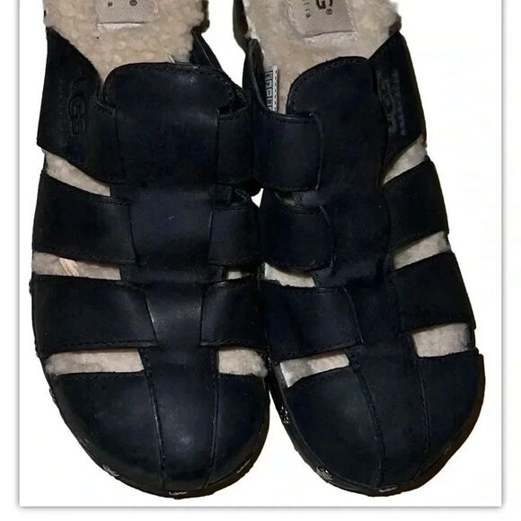 UGG Ore Wooden Leather Fisherman Black Clog Mule Sandals Size 6 - Picture 2 of 8